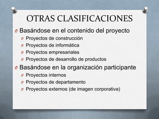 OTRAS CLASIFICACIONES
O Basándose en el contenido del proyecto
O Proyectos de construcción
O Proyectos de informática
O Proyectos empresariales
O Proyectos de desarrollo de productos
O Basándose en la organización participante
O Proyectos internos
O Proyectos de departamento
O Proyectos externos (de imagen corporativa)
 