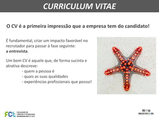 CURRICULUM VITAE
O CV é a primeira impressão que a empresa tem do candidato!
É fundamental, criar um impacto favorável no
recrutador para passar à fase seguinte:
a entrevista.
Um bom CV é aquele que, de forma sucinta e
atrativa descreve:
- quem a pessoa é
- quais as suas qualidades
- experiências profissionais que possui!

 