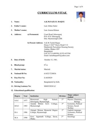 Page 1 of 9
CURRICULUM-VITAECURRICULUM-VITAE
1. Name: A.K.M.FAZLUL HAQUE
2. Father’s name: Late Abdus Satter
3. Mother’s name: Late Amena Khatun
4. Address: a) Permanent: Court Road, Ishwergonj
P.O.+P.S: Ishwargonj
Dist. Mymensingh-2200
b) Present Address: A.K.M. Fazlul Haque
House # 22(3rd
floor), Road # 12
Shekhertek Psciculture Housing Society
Adabar, Dhaka-1207
Bangladesh
Cell: 01713-489598, 01552-435760
Email: fazlulhaque03@yahoo.com
5. Date of birth: October 15, 1961.
6. Blood group: O
+
ve
7. Marital status: Married.
8. National ID No: 6145217230836
9: Pass Port No: E-0438929
10. Nationality: Bangladeshi by birth.
11: Driving Lenience No: MS0555838 LC
12. Educational qualification:
Degree Year Institution Division
Major subject
studied
S.S.C 1977
Bisweswari High School,
Ishwergonj, Mymensingh
2nd
Physics, Chemistry,
Biology
H.S.C 1983
Ananda Mohon Govt. College,
Mymensingh
3rd
Economic, Political
Science, Social
Welfare
B.A 1986
Alamgir Monsur Memorial Degree
College, Mymensingh
3rd
English Language,
Economic, Political
Science
M.A 1990
Govt. Jagannath College, Savar,
Dhaka
2nd
Sociology
 