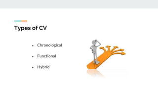 Types of CV
● Chronological
● Functional
● Hybrid
 
