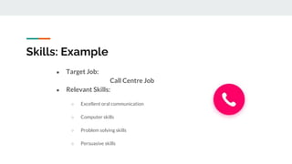Skills: Example
● Target Job:
Call Centre Job
● Relevant Skills:
○ Excellent oral communication
○ Computer skills
○ Problem solving skills
○ Persuasive skills
 