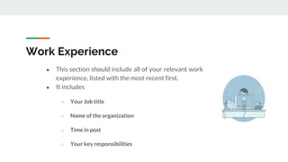 Work Experience
● This section should include all of your relevant work
experience, listed with the most recent first.
● It includes
○ Your Job title
○ Name of the organization
○ Time in post
○ Your key responsibilities
 