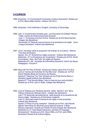 3-CURSOS
1988: Diciembre ,13.”Conversación Avanzada y Cultura Americana” dictado por
la Prof. María Nilda Hechen .Instituto I.R.I.M.C.I.
1989: Diciembre .First Certificate in English. University of Cambridge.
1990: Julio ,5,”Lineamientos Actuales para una Educación de Calidad” Manan-
Tiales .Centro de Perfeccionamiento Docente.
Julio ,7. ”Correcting Common Errors” dictado por la Prof.Alicia Nachez.
Colegio San Bartolomé.
Noviembre,10.”Mirando hacia el futuro en la enseñanza de Inglés como
Lengua Extranjera” Instituto San Bartolomé.
1991: Junio.”Jornadas sobre la proyección de la Mujer en la Cultura.” Alianza
Francesa de Rosario.
Agosto, 30 y 31.”Enseñemos Inglés cantando.” Instituto San Bartolomé.
Setiembre ,13.”La Enseñanza de Vocabulario”. Dictado por la Prof. Sarah
Cunningham. Asoc. De Profs. De Inglés de Rosario.
Setiembre,27 y 28. “Jornadas de Informática Educativa”.Centro de Apoyo
Pedagógico –Circuito F.
1992: Mayo,30”The Play of Words” dictado por Carlos Lopez.A.R.I.C.A.N.A,
Junio,2.”Games and Activities for the little ones” .Dictado por la Prof.
Diana Webster.Bolsa de Comercio de Rosario.
Agosto,8.”Teaching Tiny Tots”.Dictado por las Profs.Clarisa Remy y
Graciela Castelli.Instituto San Bartolomé.
Agosto,27.”That Sounds Better. How to improve your pronunciation”
Dictado por el Prof. John C.Wells. Colegio San Bartolomé.
1993: Junio,9.”Helping your Students become better learners” and “Story
Telling”.Dictado por Michael Harris . Colegio San Bartolomé.
Julio,7.”El desarrollo del potencial de cada docente en la enseñanza del
Idioma Inglés “.Dictado por el Prof.Adrian Underhill.
Julio,15. Seminario sobre Enseñanza de Inglés a nivel avanzado.
Instituto San Bartolomé.
Agosto,17”Ways of using metaphor”. Dictado por la Prof. Jane Revell.
Agosto.”New ideas for teaching young learners:towards a Multi
Sensory Approach”.Dictado por Herbert Puchta.Colegio San Bartolomé.
Setiembre,2 y 3.”Task Based Classroom activities for language
Development”. Dictado por el Dr. Dave Willis y la Prof. Jane Willis.
Asociación Rosarina de Cultura Inglesa.
5
 
