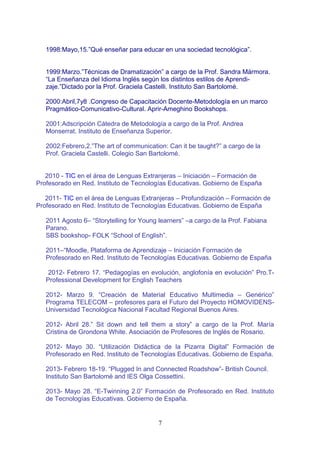 1998:Mayo,15.”Qué enseñar para educar en una sociedad tecnológica”.
1999:Marzo.”Técnicas de Dramatización” a cargo de la Prof. Sandra Mármora.
“La Enseñanza del Idioma Inglés según los distintos estilos de Aprendi-
zaje.”Dictado por la Prof. Graciela Castelli. Instituto San Bartolomé.
2000:Abril,7y8 .Congreso de Capacitación Docente-Metodología en un marco
Pragmático-Comunicativo-Cultural. Aprir-Ameghino Bookshops.
2001:Adscripción Cátedra de Metodología a cargo de la Prof. Andrea
Monserrat. Instituto de Enseñanza Superior.
2002:Febrero,2.”The art of communication: Can it be taught?” a cargo de la
Prof. Graciela Castelli. Colegio San Bartolomé.
2010 - TIC en el área de Lenguas Extranjeras – Iniciación – Formación de
Profesorado en Red. Instituto de Tecnologías Educativas. Gobierno de España
2011- TIC en el área de Lenguas Extranjeras – Profundización – Formación de
Profesorado en Red. Instituto de Tecnologías Educativas. Gobierno de España
2011 Agosto 6– “Storytelling for Young learners” –a cargo de la Prof. Fabiana
Parano.
SBS bookshop- FOLK “School of English”.
2011–“Moodle, Plataforma de Aprendizaje – Iniciación Formación de
Profesorado en Red. Instituto de Tecnologías Educativas. Gobierno de España
2012- Febrero 17. “Pedagogías en evolución, anglofonía en evolución” Pro.T-
Professional Development for English Teachers
2012- Marzo 9. “Creación de Material Educativo Multimedia – Genérico”
Programa TELECOM – profesores para el Futuro del Proyecto HOMOVIDENS-
Universidad Tecnológica Nacional Facultad Regional Buenos Aires.
2012- Abril 28.” Sit down and tell them a story” a cargo de la Prof. María
Cristina de Grondona White. Asociación de Profesores de Inglés de Rosario.
2012- Mayo 30. “Utilización Didáctica de la Pizarra Digital” Formación de
Profesorado en Red. Instituto de Tecnologías Educativas. Gobierno de España.
2013- Febrero 18-19. “Plugged In and Connected Roadshow”- British Council.
Instituto San Bartolomé and IES Olga Cossettini.
2013- Mayo 28. “E-Twinning 2.0” Formación de Profesorado en Red. Instituto
de Tecnologías Educativas. Gobierno de España.
7
 