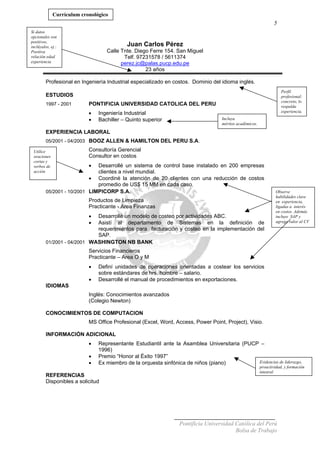 5
Juan Carlos Pérez
Calle Tnte. Diego Ferre 154. San Miguel
Telf. 97231578 / 5611374
perez.jc@palas.pucp.edu.pe
23 años
Profesional en Ingeniería Industrial especializado en costos. Dominio del idioma inglés.
ESTUDIOS
1997 - 2001 PONTIFICIA UNIVERSIDAD CATOLICA DEL PERU
• Ingeniería Industrial
• Bachiller – Quinto superior
EXPERIENCIA LABORAL
05/2001 - 04/2003 BOOZ ALLEN & HAMILTON DEL PERU S.A.
Consultoría Gerencial
Consultor en costos
• Desarrollé un sistema de control base instalado en 200 empresas
clientes a nivel mundial.
• Coordiné la atención de 20 clientes con una reducción de costos
promedio de US$ 15 MM en cada caso.
05/2001 - 10/2001 LIMPICORP S.A.
Productos de Limpieza
Practicante - Area Finanzas
• Desarrollé un modelo de costeo por actividades ABC.
• Asistí al departamento de Sistemas en la definición de
requerimientos para facturación y costeo en la implementación del
SAP.
01/2001 - 04/2001 WASHINGTON NB BANK
Servicios Financieros
Practicante – Area O y M
• Definí unidades de operaciones orientadas a costear los servicios
sobre estándares de hrs. hombre – salario.
• Desarrollé el manual de procedimientos en exportaciones.
IDIOMAS
Inglés: Conocimientos avanzados
(Colegio Newton)
CONOCIMIENTOS DE COMPUTACION
MS Office Profesional (Excel, Word, Access, Power Point, Project), Visio.
INFORMACIÓN ADICIONAL
• Representante Estudiantil ante la Asamblea Universitaria (PUCP –
1996)
• Premio “Honor al Éxito 1997”
• Ex miembro de la orquesta sinfónica de niños (piano)
REFERENCIAS
Observe
habilidades clave
en experiencia,
ligadas a interés
en costos. Ademá
incluye SAP y
agrega valor al CV
s
Incluya
méritos académicos.
Evidencias de liderazgo,
proactividad, y formación
integral
Utilice
oraciones
cortas y
verbos de
acción
Si datos
opcionales son
positivos,
inclúyalos, ej.:
Positiva
relación edad
experiencia
Currículum cronológico
Perfil
profesional:
concreto, lo
respalda
experiencia.
Disponibles a solicitud
Pontificia Universidad Católica del Perú
Bolsa de Trabajo
 