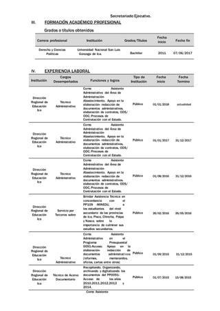 Secretariado Ejecutivo.
III. FORMACIÓN ACADÉMICO PROFESIONAL
Grados o títulos obtenidos
Carrera profesional Institución Grados/Títulos
Fecha
inicio Fecha fin
Derecho y Ciencias
Políticas
Universidad Nacional San Luis
Gonzaga de Ica. Bachiller 2011 07/06/2017
IV. EXPERIENCIA LABORAL
Institución
Cargos
Desempeñados Funciones y logros
Tipo de
Institución
Fecha
inicio
Fecha
Termino
Dirección
Regional de
Educación
Ica
Técnico
Administrativo
Como Asistente
Administrativo del Área de
Administración-
Abastecimiento. Apoyo en la
elaboración- redacción de
documentos administrativos,
elaboración de contratos, ODS/
ODC, Procesos de
Contratación con el Estado.
Público 01/01/2018 actualidad
Dirección
Regional de
Educación
Ica
Técnico
Administrativo
Como Asistente
Administrativo del Área de
Administración-
Abastecimiento. Apoyo en la
elaboración- redacción de
documentos administrativos,
elaboración de contratos, ODS/
ODC, Procesos de
Contratación con el Estado.
Público 01/01/2017 31/12/2017
Dirección
Regional de
Educación
Ica
Técnico
Administrativo
Como Asistente
Administrativo del Área de
Administración-
Abastecimiento. Apoyo en la
elaboración- redacción de
documentos administrativos,
elaboración de contratos, ODS/
ODC, Procesos de
Contratación con el Estado.
Público 01/08/2016 31/12/2016
Dirección
Regional de
Educación
Ica
Servicio por
Terceros sobre
Brindar Asistencia Técnica en
concordancia con el
PP109 -MINEDU, a
los estudiantes del nivel
secundario de las provincias
de Ica, Pisco, Chincha, Palpa
y Nasca, sobre la
importancia de culminar sus
estudios secundarios.
Público 26/02/2016 26/05/2016
Dirección
Regional de
Educación
Ica Técnico
Administrativo
Como Asistente
Administrativo en el
Programa Presupuestal
0091-Acceso. Apoyo en la
elaboración- redacción de
documentos administrativos
(informes, memorandos,
oficios, cartas entre otros)
Público 01/09/2015 31/12/2015
Dirección
Regional de
Educación
Ica
Técnico de Acervo
Documentario
Recopilando, Organizando,
archivando y digitalizando los
documentos del PP0091-
Acceso de los años
2010,2011,2012,2013 y
2014.
Público 01/07/2015 15/08/2015
Como Asistente
 