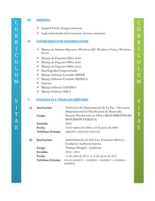 C
U
R
R
I
C
U
L
U
M
V
I
T
A
E
C
U
R
R
I
C
U
L
U
M
V
I
T
A
E
III. IDIOMAS
 Español Fluido (lengua materna)
 Ingles Intermedio (Conversación, lectura, escritura)
IV. CONOCIMIENTOS INFORMATICOS
 Manejo de Sistema Operativo Windows XP, Windows Vista y Windows
Seven.
 Manejo de Paquetes Office 2003
 Manejo de Paquetes Office 2007
 Manejo de Paquetes Office 2010
 Dactilografía Computarizada
 Manejo Software Contable ORION
 Manejo Software Contable MONICA
 Internet
 Manejo Software DAVINCI
 Manejo Software IDEA
V. PASANTIAS Y TRABAJO DIRIGIDO
a) Institución: Prefectura del Departamento de La Paz – Secretaria
Departamental de Planificación de Desarrollo
Cargo: Pasante Planificación de POA ( SEGUIMIENTO DE
INVERSION PUBLICA)
Gestión: 2009
Fecha: 16 de marzo de 2009 a 16 de junio de 2009
Teléfono/Celular: 2204397 -2204380-2204127
b) Institución: Administración de Servicios Portuarios Bolivia -
Unidad de Auditoria Interna
Cargo: Trabajo Dirigido - Auditoria
Gestión: 2010 - 2011
Fecha: 14 de julio de 2010 a 18 de enero de 2011
Teléfono/Celular: 591-2) 2432971 – 2432961 – 2432947 – 2432923 -
2432979
 
