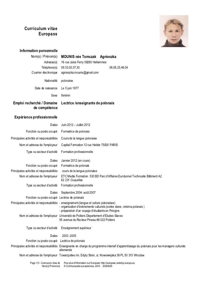 Curriculum vitae Formatrice de polonais