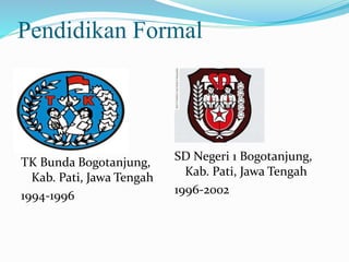 Pendidikan Formal 
TK Bunda Bogotanjung, 
Kab. Pati, Jawa Tengah 
1994-1996 
SD Negeri 1 Bogotanjung, 
Kab. Pati, Jawa Tengah 
1996-2002 
 
