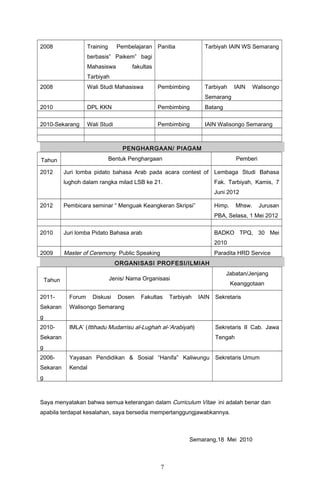 2008 Training Pembelajaran
berbasis” Paikem” bagi
Mahasiswa fakultas
Tarbiyah
Panitia Tarbiyah IAIN WS Semarang
2008 Wali Studi Mahasiswa Pembimbing Tarbiyah IAIN Walisongo
Semarang
2010 DPL KKN Pembimbing Batang
2010-Sekarang Wali Studi Pembimbing IAIN Walisongo Semarang
PENGHARGAAN/ PIAGAM
Tahun Bentuk Penghargaan Pemberi
2012 Juri lomba pidato bahasa Arab pada acara contest of
lughoh dalam rangka milad LSB ke 21.
Lembaga Studi Bahasa
Fak. Tarbiyah, Kamis, 7
Juni 2012
2012 Pembicara seminar “ Menguak Keangkeran Skripsi” Himp. Mhsw. Jurusan
PBA, Selasa, 1 Mei 2012
2010 Juri lomba Pidato Bahasa arab BADKO TPQ, 30 Mei
2010
2009 Master of Ceremony Public Speaking Paradita HRD Service
ORGANISASI PROFESI/ILMIAH
Tahun Jenis/ Nama Organisasi
Jabatan/Jenjang
Keanggotaan
2011-
Sekaran
g
Forum Diskusi Dosen Fakultas Tarbiyah IAIN
Walisongo Semarang
Sekretaris
2010-
Sekaran
g
IMLA’ (Ittihadu Mudarrisu al-Lughah al-‘Arabiyah) Sekretaris II Cab. Jawa
Tengah
2006-
Sekaran
g
Yayasan Pendidikan & Sosial “Hanifa” Kaliwungu
Kendal
Sekretaris Umum
Saya menyatakan bahwa semua keterangan dalam Curriculum Vitae ini adalah benar dan
apabila terdapat kesalahan, saya bersedia mempertanggungjawabkannya.
Semarang,18 Mei 2010
7
 
