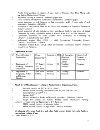 • Psycho-Social problems of migrants. A case study of Chichian Jabar. Distt. Mirpur AJK 
7 
and Badran Marjan Jugrat-Pakistan. 
• Affordable Housing in Peshawar Conference paper 1996. 
• Socio-Economic Development in Mountain area Pakistan. Conference paper. 
• Impact assessment of wife bettering on their reproductive health. .A case study of rural 
areas district Faisalabad. (PUNJAB). 
• Perception of rural women about the risk factors and prevalence of depression disorders in 
district Faisalabad. 
• Impact assessment of wife battering on their reproductive health in rural areas of district 
Faisalabad. By Zunaira Aziz,Zahira Batool,M.Mumtaz Khan AND MS Iffat Tabassum. 
• Cybercrimes evaluation on social scientific basis. Conference on Criminology at 
University of Karachi in the year -2008 
• Muhammad Mumtaz Khan (2010-11), Initial Environmental Examination Reports, 
University Model Town, Peshawar. 
• Muhammad Mumtaz Khan (2012), Initial Environmental Examination Reports, Professor 
Model Town, Peshawar. 
• Employment Record: 
S# Name of Institute / 
Organization 
Period Designation BPS Job Description 
(Teaching / 
Research / 
Admin) 
Nature of Job 
Permanent / 
Temporary 
From – To 
• De partment of 
Sociology, University 
of Peshawar 
10th January 
1985 to 
April 1995 
Lecturer 18 Teaching/ 
Research 
Permanent 
• De partment of 
Geography, Urban 
and Regional 
Planning 
April 1995 
to Date 
Assistant 
Professor 
19 Teaching/ 
Research 
Permanent 
• Attach list of Miscellaneous Teaching or Administrative Experience, if any. 
• Executive member of PUTA FROM 1986-87 
• Member Senate university of Peshawar from the year 1996 upto -98. 
• Teaching/lecturing in P A R D 
• Lectures in PFI 
• Member of Board of Studies and Research Agricultural University Peshawar. 
• Taught few courses IN National Institute Urban Infrastructure Planning; 
University of Engineering and Technology(U E T) Peshawar. 
• M Phil external examiner in university Kohat. 
• M Phil external examiner in Agricultural University Peshawar. 
• Membership of Learned Societies, and other Achievements in the University Public or 
International Affairs, if any. 
• Senior Planner PCATP 
 