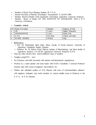• Member of Royal Town Planning Institute (R. T. P. I) 
• General Secretary of Pakistan Sociological Association(P. S .A)1985-2008 
• Member Board of Studies of the department of Sociology Agriculture University Peshawar 
• Member Board of Studies OF THE INSTITUTE OF GEOGRAPHY AND U R P 
8 
University of Peshawar 
• Countries visited: 
S# Name of Country Duration Purpose of Visit 
• UK 2 years Higher Education 
• AF GHANISTAN 1 year Study Visit 
• U A E Few days Transit and study 
• SU AIDI ARABIA 40 days Hajj 
• References: 
• Prof .Dr Mohammad Iqbal Zafar, Dean; Faculty of Social Sciences. University of 
Agriculture Faisalabad, Punjab- Pakistan. 
• Professor Dr. M Zahoor Swati, Director institute of Biotechnology, and Dean faculty of 
Agriculture Sciences, V.C OF the Agricultural University Peshawar, K P K 
• State any other relevant facts. Attach additional sheet, if required. 
• Tamgha-e-jang(1971-- war) 
• No of lectures and briefs presented with national and international organizations. 
• Worked as a senior planner and team leader with G.H.K Consultants. I reviewed Peshawar 
structure plan with a team of engineers and architects etc. 
• Written and submitted number of I.E.E Reports with team of environmentalists, planners’ 
civil engineers, biologists, and social scientists on various satellite towns in Peshawar to the 
E. P. A, K. P. K. Pakistan. 

