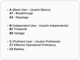  A (Basic User - Usuário Básico)
A1 - Breakthrough
A2 - Waystage
 B (Independent User - Usuário Independente)
B1 Threshold
B2 Vantage
 C (Proficient User - Usuário Proficiente)
C1 Effective Operational Proficiency
 C2 Mastery
 