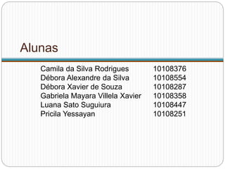 Alunas
Camila da Silva Rodrigues 10108376
Débora Alexandre da Silva 10108554
Débora Xavier de Souza 10108287
Gabriela Mayara Villela Xavier 10108358
Luana Sato Suguiura 10108447
Pricila Yessayan 10108251
 