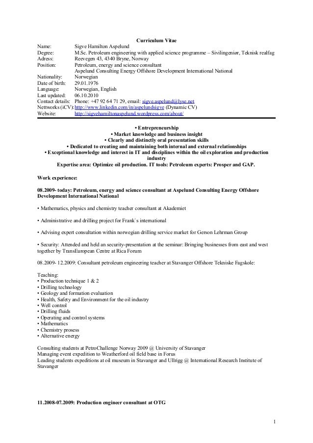 Curriculum Vitae Reservoir Engineer