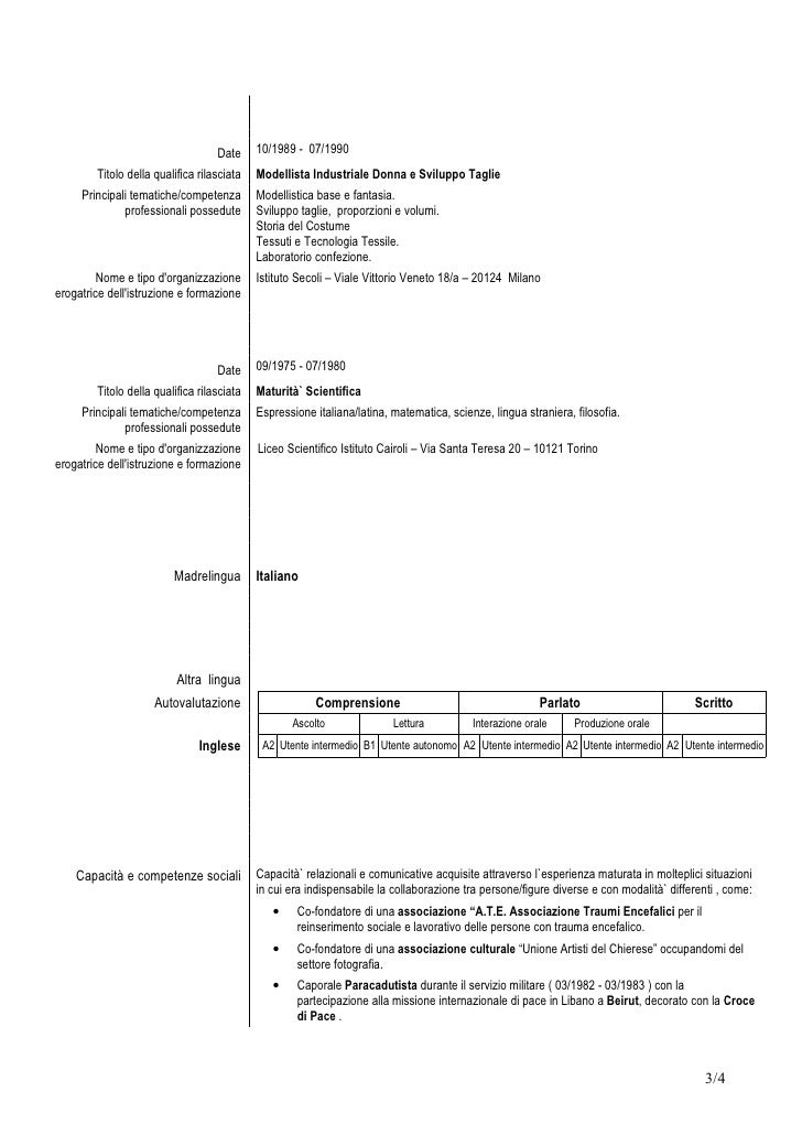 Curriculum Vitae Modellista Abbigliamento