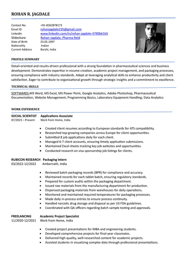 Curriculum Vitae -- Rohan Ramesh Jagdale. | PDF