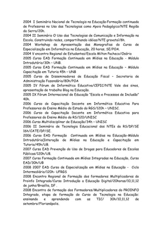 2004 I Seminário Nacional de Tecnologis ns Educação:Formação continuada
de Profesores no Uso das Tecnologias como Apoio Pedagógico/NTE Região
da Serra/20h.
2004 II Seminário O Uso das Tecnologias de Comunicação e Informação na
Escola. Construindo redes, compartilhando idéias/NTE gravataí/8h.
2004 Workshop de Apresentação das Monografias do Curso de
Especialização em Informática na Educação, 20 horas, SE/POA.
2004 V encontro Regional de Estudantes/Escola Milton Pacheco/Osório
2005 Curso EAD Formação Continuada em Mídias na Educação - Módulo
Introdutório/30h – UNB.
2005 Curso EAD Formação Continuada em Mídias na Educação – Módulo
Capacitação em Tutoria 45h – UNB
2005 Curso de Disseminadores de Educação Fiscal – Secretaria de
Administração Fazendária/80h/POA
2005 IV Fórum de Informática Educativa/CEPIC/NTE Vale dos sinos,
apresentação de trabalho Blog na Educação.
2005 IX Fórum Internacional de Educação “Escola e Processos de Inclusão”
40h.
2006 Curso de Capacitação Docente em Informática Educativa Para
Professores do Ensino Médio do Estado do RGS/120h – UNISC.
2006 Curso de Capacitação Docente em Informática Educativa para
Professores do Ensino Médio do RS/120/UNISC
2006 Curso Multidisciplinar de Educação/34h – UNISC
2006 II Seminário de Tecnologia Educacional dos NTEs do RS/DP/SE
16h/CATE/DP/SE.
2006 Curso EAD Formação Continuada em Mídias na Educação-Módulo
Introdutório(Interação de Mídias na Educação e Capacitação em
Tutoria/45h/UB.
2007 Curso EAD Prevenção do Uso de Drogas para Educadores de Escolas
Públicas/120h/UB.
2007 Curso Formação Continuada em Mídias Integradas na Educação, Curso
EAD/30h/UB
2008 2007 EAD Curso de Especialização em Mídias na Educação - Ciclo
Intermediário/120h- UFRGS
2008 Encontro Regional de Formação dos formadores Multiplicadores do
Proinfo Integrado/Curso Introdução a Educação Digital/20horas/10,11,12
de junho/Brasília, DF .
2008 Encontro de formação dos Formadores/Multiplicadores do PROINFO
Integrado, etapa de formação do Curso de Tecnologia na Educação:
ensinando     e    aprendendo    com     as     TIC/   30h/10,11,12   de
setembro/Florianópolis.
 