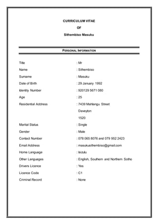 Curriculum Vitae S Masuku