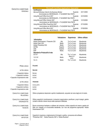 Pagina 3 - Curriculum vitae di
[ Ragusano,Tonino ]
CAPACITÀ E COMPETENZE
PERSONALI
Microsoft Certified Application Specialist
Certificazioni
Microsoft Windows Vista for the Business Worker Superato 03/11/2009
Amministrato da: MICROSALES – IT ACADEMY MULTISITE
Using Microsoft Office Excel 2007 Superato 23/10/2009
Amministrato da: MICROSALES – IT ACADEMY MULTISITE
Using Microsoft Office Outlook 2007 Superato 12/10/2009
Amministrato da: MICROSALES – IT ACADEMY MULTISITE
Using Microsoft Office PowerPoint 2007 Superato 07/10/2009
Amministrato da: MICROSALES – IT ACADEMY MULTISITE
Using Microsoft Office Word 2007 Superato 07/09/2009
Amministrato da: MICROSALES – IT ACADEMY MULTISITE
Valutazione Esperienza Ultimo utilizzo
Informatica
Adobe Dreamweaver / Fireworks CS3 Alto Tra 3 e 5 anni Attualmente
Adobe Flash CS3 Medio Tra 3 e 5 anni Attualmente
Adobe Photoshop CS3 Medio Tra 2 e 3 anni Attualmente
XHTML Esperto Tra 3 e 5 anni Attualmente
CSS Esperto Tra 3 e 5 anni Attualmente
PHP Medio Tra 3 e 5 anni Attualmente
Standard e Protocolli di rete
HTTP Alto Tra 1 e 2 anni Attualmente
TCP/IP Medio
Meno di 1
anno
Attualmente
Wi-Fi Medio Tra 1 e 2 anni Attualmente
PRIMA LINGUA ITALIANO
ALTRA LINGUA INGLESE
• Capacità di lettura BUONO
• Capacità di scrittura BUONO
• Capacità di espressione orale BUONO
ALTRA LINGUA FRANCESE
• Capacità di lettura ECCELLENTE
• Capacità di scrittura BUONO
• Capacità di espressione orale BUONO
CAPACITÀ E COMPETENZE
RELAZIONALI
Ottime competenze relazionali e spirito di adattamento, acquisite nel corso degli anni di studio.
CAPACITÀ E COMPETENZE
ORGANIZZATIVE
Ottime capacità di coordinamento in situazioni organizzative; pianificare i propri impegni, gestire
contatti e attività e tenere traccia delle operazioni effettuate.
CAPACITÀ E COMPETENZE
TECNICHE
Buona conoscenza hardware e software del computer e ottime capacità nel creare e gestire siti
Web con l’aspetto e le funzionalità desiderate, con l’uso del programma appropriato “Adobe
Dreamweaver CS4”.
CAPACITÀ E COMPETENZE
ARTISTICHE
Capacità di creazione e miglioramento d’immagini e grafica. conoscenza del software
“Photoshop CS4”, “Adobe fireworks CS4” e “Adobe Illustrator”.
 