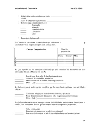 Revista Pedagogía Universitaria                                                                            Vol. 9 No. 2 2004




         Universidad en la que obtuvo el título. ............................................
         Título .............................................................................................
         Años de Experiencia profesional ....................................................
         Estudios de postgrado realizados:
        ______              Doctorado
        ______              Maestría
        ______              Especialización
        ______              Diplomado
        ______              Otros

         Lugar de trabajo actual ....................................................................

2.- Cuáles son los campos ocupacionales que identifican al .............................................. y
valora tu nivel de preparación para cada uno de ellos.

                   Campos Ocupacionales                                                 Nivel de
                                                                                        preparación

                                                                                  Buena         Regular         Mala
1
2
3
4

3.- Qué aspectos de su formación considera que está limitando su desempeño en esas
actividades básicas ( Marque con una X)

_________          Insuficiente desarrollo de habilidades prácticas
_________          Ausencia de contenidos necesarios
_________          Desactualización de fuentes teóricas y/o técnicas
_________          Otros . Cuál (.............................................................)

4.- Qué aspectos de su formación considera que favorece la ejecución de esas actividades
básicas:

_________          Adecuada integración entre aspectos teóricos y prácticos
_________          Nivel de conocimiento de acuerdo a las exigencias contemporáneas
_________          Otros . Cuál (.............................................................)

5.- Qué relación existe entre las expectativas de habilidades profesionales formados en la
carrera y las actividades básicas que desempeña en la actual práctica profesional.

 _________         Total coincidencia
_________          Las expectativas superan la práctica profesional
_________          Los requerimientos de la práctica profesional superan las expectativas.


                                                                                                                               98
 