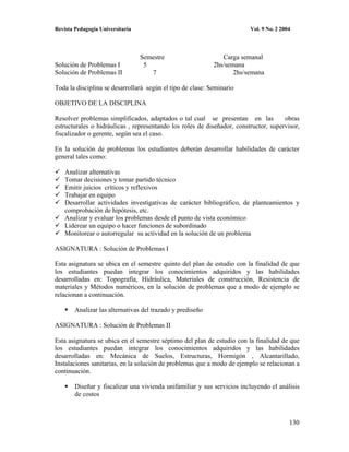Revista Pedagogía Universitaria                                          Vol. 9 No. 2 2004




                                  Semestre                     Carga semanal
Solución de Problemas I            5                        2hs/semana
Solución de Problemas II             7                             2hs/semana

Toda la disciplina se desarrollará según el tipo de clase: Seminario

OBJETIVO DE LA DISCIPLINA

Resolver problemas simplificados, adaptados o tal cual se presentan en las            obras
estructurales o hidráulicas , representando los roles de diseñador, constructor, supervisor,
fiscalizador o gerente, según sea el caso.

En la solución de problemas los estudiantes deberán desarrollar habilidades de carácter
general tales como:

    Analizar alternativas
    Tomar decisiones y tomar partido técnico
    Emitir juicios críticos y reflexivos
    Trabajar en equipo
    Desarrollar actividades investigativas de carácter bibliográfico, de planteamientos y
    comprobación de hipótesis, etc.
    Analizar y evaluar los problemas desde el punto de vista económico
    Liderear un equipo o hacer funciones de subordinado
    Monitorear o autorregular su actividad en la solución de un problema

ASIGNATURA : Solución de Problemas I

Esta asignatura se ubica en el semestre quinto del plan de estudio con la finalidad de que
los estudiantes puedan integrar los conocimientos adquiridos y las habilidades
desarrolladas en: Topografía, Hidráulica, Materiales de construcción, Resistencia de
materiales y Métodos numéricos, en la solución de problemas que a modo de ejemplo se
relacionan a continuación.

        Analizar las alternativas del trazado y prediseño

ASIGNATURA : Solución de Problemas II

Esta asignatura se ubica en el semestre séptimo del plan de estudio con la finalidad de que
los estudiantes puedan integrar los conocimientos adquiridos y las habilidades
desarrolladas en: Mecánica de Suelos, Estructuras, Hormigón , Alcantarillado,
Instalaciones sanitarias, en la solución de problemas que a modo de ejemplo se relacionan a
continuación.

        Diseñar y fiscalizar una vivienda unifamiliar y sus servicios incluyendo el análisis
        de costos



                                                                                         130
 