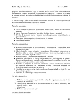Revista Pedagogía Universitaria                                           Vol. 9 No. 2 2004


proponga elaborar como nuevo o que se rediseñe. A estos efectos, debe ser acometido un
análisis de las variables económicas, demográficas, sociopolíticas y científico- técnicas en
el contexto nacional, regional o provincial donde se pretenda fundamentar o perfeccionar el
currículo.

A continuación y a modo de ofrecer ideas, se enumeran una serie de datos que pudieran ser
relevantes para fundamentar el currículo en cuestión.

Variables económicas

       Sector energético (petróleo u otras fuentes, instalaciones y niveles de consumo de
       energía).
       Sector financiero (financiación, beneficios, liquidez, riesgos y seguridad)
       Niveles de comercio interno y externo (mercados, productos, comercialización y
       productividad).
       Principales renglones productivos e industrias del entorno.
       Inversiones previstas.

Variables socio-políticas

       Cantidad de instituciones de educación media y media superior. Diferenciación entre
       públicas y privadas.
       Matrícula de los centros primarios y secundarios. Diferenciación entre mujeres y
       hombres. A fin de estimar potencial de matrícula y composición por género, en su
       relación con el perfil objeto de análisis.
       Cantidad de IES . Diferenciación entre públicas y privadas
       Graduados universitarios en general y de perfiles afines al perfil objeto de análisis.
       Rangos de edades de estos graduados, a fin de estimar el potencial activo en las dos
       décadas posteriores al análisis que se realiza.
       Cantidad de programas de formación homónimos o afines, acreditados o evaluados
       por agencias autorizadas y/o evaluadores externos. Diferenciar programas de
       pregrado de los de posgrado que se ofrezcan.
       Cantidad de profesores universitarios con formación especializada en el perfil y con
       formación pedagógica.
       Densidad de habitantes por carrera universitaria

Variables demográficas

        Población nacional, regional, provincial a intervalos regulares que evidencie las
        tendencias de crecimiento.
        Estimado de la población en los próximos diez años en los niveles anteriores y por
        grupo de edades y sexo.
        Migraciones
        Población económicamente activa

Variables científico- técnicas



                                                                                              28
 