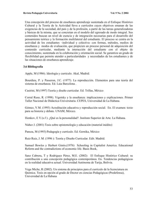 Revista Pedagogía Universitaria                                           Vol. 9 No. 2 2004


 Una concepción del proceso de enseñanza aprendizaje sustentada en el Enfoque Histórico
 Cultural y la Teoría de la Actividad lleva a currículos cuyos objetivos emanan de las
 exigencias de la sociedad, del país y de la profesión, a partir de las tareas generalizadoras
 y básicas de la misma, que se concretan en el modelo del egresado de modo integral. Sus
 contenidos buscan un nivel de esencia y de integración necesarias para el desarrollo del
 pensamiento teórico y la formación multilateral del estudiante. El proceso se centra en la
 actividad de los estudiantes –individual y colectiva- con formas, métodos, medios de
 enseñanza y modos de evaluación, que propicien un proceso personal de adquisición del
 contenido curricular, mediante la interacción del estudiante con el objeto de
 conocimiento, sustentada en la colaboración y orientación social. Se garantiza un grado de
 flexibilidad que permite atender a particularidades y necesidades de los estudiantes y de
 las situaciones de enseñanza aprendizaje.

3.6 Bibliografía

 Apple, M (1986). Ideología y currículo. Akal, Madrid.

 Bourdieu, P. y Passeron, J.C. (1977). La reproducción. Elementos para una teoría del
 sistema de enseñanza. Ed. Laia Barcelona .

 Casirini, M (1997) Teoría y diseño curricular. Ed. Trillas, México

 Corral Ruso, R. (1998). Vigotsky y la enseñanza: implicaciones y explicaciones. Primer
 Taller Nacional de Didáctica Universitaria. CEPES, Universidad de La Habana.

 Gómez, V.M. (1993) Acreditación educativa y reproducción social. En. El examen: texto
 para su historia y debate. UNAM, México.

 Ilienkov, E V.(s.f ). ¿Qué es la personalidad?. Instituto Superior de Arte. La Habana.

 Núñez J. (2001) Tesis sobre epistemología y educación (material inédito)

 Pansza, M (1993) Pedagogía y currículo. Ed. Gernika, México

 Ruiz Ruiz, J. M. (1996 ): Teoría y Diseño Curricular. Edit. Madrid.

 Samuel Bowles y Herbert Gintis.(1976) Schooling in Capitalist America. Educational
 Reform and the contradictions of economic life. Basis Book,

 Sanz Cabrera, T y Rodríguez Pérez, M.E. (2002): El Enfoque Histórico Cultural: su
 contribución a una concepción pedagógica contemporánea. En. Tendencias pedagógicas
 en la realidad educativa actual. Universidad Autónoma de Tarija, Bolivia.

 Vega Miche, R (2002). Un sistema de principios para el currículo de la licenciatura en
 Química. Tesis en opción al grado de Doctor en ciencias Pedagógicas (Predefensa),
 Universidad de La Habana



                                                                                              53
 