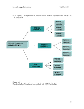 Revista Pedagogía Universitaria                                   Vol. 9 No. 2 2004




    En la figura 4.4 se representa un plan de estudio modular correspondiente a la UAM-
    XOCHIMILCO.

                                                                 TRONCO
                                                                 CARRERA

                                        TRONCO                   TRONCO
                                       DIVISIONAL                CARRERA

                                                                 TRONCO
                                                                 CARRERA


                                                                           TRONCO
                                                                           CARRERA
TRONCO COMÚN O
                                                    TRONCO
INTERDIVISIONAL
                                                   DIVISIONAL              TRONCO
                                                                           CARRERA

                                                                           TRONCO
                                                                           CARRERA

                                                                TRONCO
                                                                CARRERA

                                       TRONCO                   TRONCO
                                      DIVISIONAL
                                                                CARRERA


                                                                TRONCO
                                                                CARRERA




    Figura 4.4
    Plan de estudios Modular correspondiente a la UAM Xochimilco




                                                                                          64
 