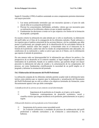 Revista Pedagogía Universitaria                                           Vol. 9 No. 2 2004




Según O. González (1994) el análisis sustentado en estos componentes permiten determinar
con mayor precisión:

    1. Las tareas profesionales terminales que son necesarias ejecutar y el peso de cada
       una de ellas en su actuación profesional.
    2. Precisar los conocimientos, habilidades, actitudes, valores que son necesarios para
       su realización en los diferentes objetos en que se puede manifestar.
    3. Fundamentar las decisiones a tomar en lo que respecta a los límites de la formación
       de pregrado y postgrado.

En nuestro criterio la utilización de cada método por sí sólo es insuficiente, la elaboración
del perfil debe ser el fruto de la conjugación de los diferentes métodos. Puede utilizarse a
los expertos para el análisis estructural de las acciones básicas y de las cualidades que debe
poseer el profesional, por ejemplo partir de la identificación de las actividades básicas de
una profesión; analizar cómo han surgido y evolucionado estas en el transcurso de la
historia de la profesión, cuáles han sido los modos de comportamientos más adecuados, las
condiciones de su realización y cuáles se prevé que sean en el futuro, con la información
que reporta el método de pronóstico.

De esta manera toda esa heterogeneidad de la información que ofrecen los peritos y las
perspectivas de su desarrollo en el contexto mundial, se logra integrar en una concepción
totalizadora de la profesión, basada en su análisis teórico, que permite dirigir con mayor
precisión la elaboración del plan de estudio y la estructuración de los componentes del
proceso, así como fundamentar científicamente la necesidad de un perfil amplio en el
pregrado y delimitar la orientación del postrado.

5.6.1 Elaboración del documento del Perfil Profesional

La utilización conjunta de los diferentes métodos permite acoplar toda la información tanto
teórica como práctica que se requiere para la elaboración y actualización del Documento
del Perfil Profesional que no sólo se refiere a los objetivos terminales de formación, como
frecuentemente aparece sino que debe contemplar:

1.Justificación de la carrera en un contexto social determinado:

                      Importancia de la profesión en el mundo, en el país y en la región.
                      Tendencias contemporáneas de desarrollo económico, social y
        científico técnico que tengan incidencia en la profesión, particularmente en su país y
        región.

2.Desarrollo histórico de la profesión en la Universidad:

           Surgimiento de la carrera como necesidad social.
            Su evolución (referencias o resultados de procesos de reelaboración del perfil
        profesional o rediseño curriculares y de evaluación y autoevaluación, si los
        hubiera).


                                                                                              83
 