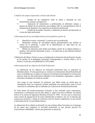 Revista Pedagogía Universitaria                                            Vol. 9 No. 2 2004




3.Análisis del campo ocupacional y del mercado laboral:

                    Estudio de las estadísticas sobre la oferta y demanda de esos
        profesionales actuales y perspectivas.
                    Aplicación de instrumentos a profesionales en diferentes campos y
        puestos de trabajo de esa profesión, para indagar sobre la correspondencia entre la
        preparación de pregrado y las exigencias de la práctica profesional.
                    Estudio de la posible variación y tendencias en función del desarrollo en
        el área del saber profesional.

4.Determinación de las actividades básicas de la profesión a partir de:

            Identificar la tareas “terminales” a resolver por ese profesional.
            Determinar sistemas de actividades básicas generalizadoras que definen el
        núcleo de la profesión, a partir de la identificación en cada tarea de sus
        componentes estructurales.
            Definir las relaciones entre dichas actividades a partir de su análisis histórico y
        genético. Esto permite determinar el peso y el orden que en que deberán formarse
        en la enseñanza.

5.Definición del Marco Teórico en que se fundamenta la formación del profesional, basado
   en los aportes de la pedagogía, psicología contemporánea y ciencias afines y de la
   misión y visión que se ha planteado la Universidad.

6.Determinación de los objetivos del Perfil Profesional.

    La elaboración de los objetivos de formación profesional tiene su expresión en
    diferentes planos. El más general que se concreta en el documento del perfil profesional
    como el resultado que se aspira en el proceso de formación de pregrado en la educación
    superior, hasta los más particulares reflejados en las disciplinas, asignaturas o espacios
    curriculares diseñados en el plan de estudio.

    Nos ocupa en este momento los primeros, que deben tomar en cuenta para su
    formulación tanto las exigencias sociales analizadas con anterioridad, como el nivel
    inicial de los estudiantes que se enfrentan con el proceso de formación profesional.

En Cuba dentro del perfeccionamiento curricular se han realizado varias experiencias,
comentamos a continuación una de ellas donde se aplicó con éxito el Método de análisis
teórico en la carrera de Ingeniería Mecánica (Corral, R. 1993). En este caso se seleccionó
como criterio de agrupación de las tareas identificadas el objetivo, por ser el elemento del
sistema que estructura y dirige las relaciones entre los demás componentes, lo que facilitó
la determinación de las actividades básicas.

La elaboración de los objetivos del perfil con este enfoque deben formularse en el lenguaje
de las tareas que componen la actividad profesional, lo que permite precisar los
conocimientos, habilidades, valores que garanticen su ejecución.


                                                                                               84
 