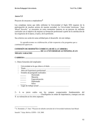 Revista Pedagogía Universitaria                                                                               Vol. 9 No. 2 2004




Anexo 5.3

Proyecto de encuesta a empleadores

Las complejas tareas que debe enfrentar la Universidad el Siglo XXI requiere de la
participación de muchos actores de nuestra sociedad. La Universidad Autónoma “Juan
Misael Saracho” se encuentra en estos momentos inmersa en un proceso de rediseño
curricular con el objetivo de mejorar su formación profesional a partir de la satisfacción de
las exigencias de la época, el país y de la profesión.

Sus criterios nos serán de suma utilidad para el desarrollo de este trabajo.

       Le agradeceremos su colaboración, al dar respuesta a las preguntas que a
continuación aparecen.

COMISIÓN DE REDISEÑO CURRICULAR DE LA CARRERA
...................................................... DE LA UNIVERSIDAD AUTÓNOMA JUAN
MISAEL SARACHO

CARRERA: .................................................................................................

1.- Datos Generales del empleador:

           Universidad en la que obtuvo el título. ..........................................
           Título .............................................................................................
           Años de Experiencia profesional ...................................................
           Estudios de postgrado realizados:
          ______              Doctorado
          ______              Maestría
          ______              Especialización
          ______              Diplomado
          ______              Otros
           Lugar de trabajo actual ...............................................................


2.- A su juicio cuáles son los campos ocupacionales fundamentales del
..................................................... Clasifíquelos en orden de importancia y marque con una
X su valoración en los otros aspectos:




  A. Hernández y T. Sanz: “Proyecto de rediseño curricular de la Universidad Autónoma Juan Misael

Saracho”. Tarija. Bolivia. CEPES – UH. 2000



                                                                                                                                  93
 