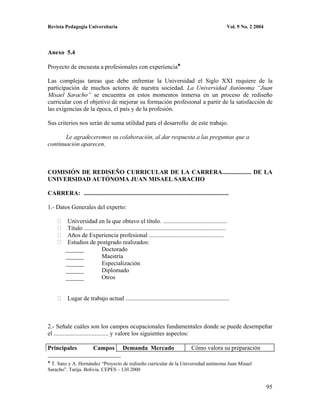 Revista Pedagogía Universitaria                                                                               Vol. 9 No. 2 2004




Anexo 5.4

Proyecto de encuesta a profesionales con experiencia

Las complejas tareas que debe enfrentar la Universidad el Siglo XXI requiere de la
participación de muchos actores de nuestra sociedad. La Universidad Autónoma “Juan
Misael Saracho” se encuentra en estos momentos inmersa en un proceso de rediseño
curricular con el objetivo de mejorar su formación profesional a partir de la satisfacción de
las exigencias de la época, el país y de la profesión.

Sus criterios nos serán de suma utilidad para el desarrollo de este trabajo.

       Le agradeceremos su colaboración, al dar respuesta a las preguntas que a
continuación aparecen.



COMISIÓN DE REDISEÑO CURRICULAR DE LA CARRERA................... DE LA
UNIVERSIDAD AUTÓNOMA JUAN MISAEL SARACHO

CARRERA: ...............................................................................................

1.- Datos Generales del experto:

           Universidad en la que obtuvo el título. ..........................................
           Título .............................................................................................
           Años de Experiencia profesional .................................................
           Estudios de postgrado realizados:
          ______              Doctorado
          ______              Maestría
          ______              Especialización
          ______              Diplomado
          ______              Otros


           Lugar de trabajo actual ....................................................................



2.- Señale cuáles son los campos ocupacionales fundamentales donde se puede desempeñar
el .................................... y valore los siguientes aspectos:

Principales                Campos            Demanda Mercado                            Cómo valora su preparación

 T. Sanz y A. Hernández “Proyecto de rediseño curricular de la Universidad autónoma Juan Misael
Saracho”. Tarija. Bolivia. CEPES – UH 2000


                                                                                                                                  95
 