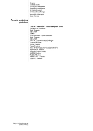 Compras
Gestão de stocks
Facturação e recebimentos
Organização contabilística
Serviços externos ctt
Serviços externos finanças
Atecnic Lda. /Albarraque
Sedan / Benfica
Formação académica e
profissional
Curso de Contabilidade e Gestão de Empresas nível IV
TECLA -Escola Profissional
Media 16 valores
1984 a 1987
12º Ano
Escola Secundaria Cidade Universitária
Media 15 valores
1983 a 1984
Curso de Ar condicionado e ventilação
270 Horas ATECNIC
Teórica 17 valores
Pratica 15 valores
Curso de técnicos auxiliares de computadores
-Exploração de utilitários
320 Horas QUADRIFORMA
MS-DOS 10 valores
Wordstar 13 valores
Dabase III Plus 13 valores
Lótus 1.2.3 15 valores
Página 3/ 5- Curriculum vitae de
Apelido(s) Nome(s)
 
