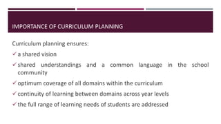 Curriculum planning ensures:
a shared vision
shared understandings and a common language in the school
community
optimum coverage of all domains within the curriculum
continuity of learning between domains across year levels
the full range of learning needs of students are addressed
IMPORTANCE OF CURRICULUM PLANNING
 