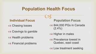 Population Health Focus
Individual Focus
 Chasing losses
 Cravings to gamble
 Health problems
 Financial problems

 P...
