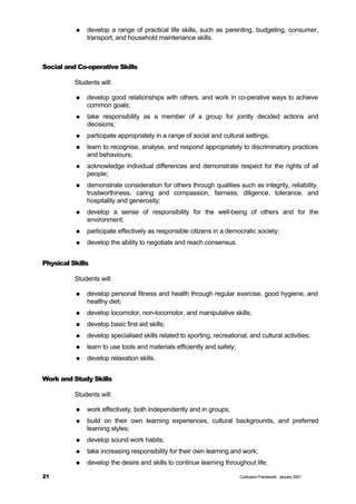 n   develop a range of practical life skills, such as parenting, budgeting, consumer,
              transport, and household maintenance skills.



Social and Co-operative Skills

          Students will:

          n   develop good relationships with others, and work in co-perative ways to achieve
              common goals;
          n   take responsibility as a member of a group for jointly decided actions and
              decisions;
          n   participate appropriately in a range of social and cultural settings;
          n   learn to recognise, analyse, and respond appropriately to discriminatory practices
              and behaviours;
          n   acknowledge individual differences and demonstrate respect for the rights of all
              people;
          n   demonstrate consideration for others through qualities such as integrity, reliability,
              trustworthiness, caring and compassion, fairness, diligence, tolerance, and
              hospitality and generosity;
          n   develop a sense of responsibility for the well-being of others and for the
              environment;
          n   participate effectively as responsible citizens in a democratic society;
          n   develop the ability to negotiate and reach consensus.


Physical Skills

          Students will:

          n   develop personal fitness and health through regular exercise, good hygiene, and
              healthy diet;
          n   develop locomotor, non-locomotor, and manipulative skills;
          n   develop basic first aid skills;
          n   develop specialised skills related to sporting, recreational, and cultural activities;
          n   learn to use tools and materials efficiently and safely;
          n   develop relaxation skills.


Work and Study Skills

          Students will:

          n   work effectively, both independently and in groups;
          n   build on their own learning experiences, cultural backgrounds, and preferred
              learning styles;
          n   develop sound work habits;
          n   take increasing responsibility for their own learning and work;
          n   develop the desire and skills to continue learning throughout life;

21                                                                       Curriculum Framework January 2001
 