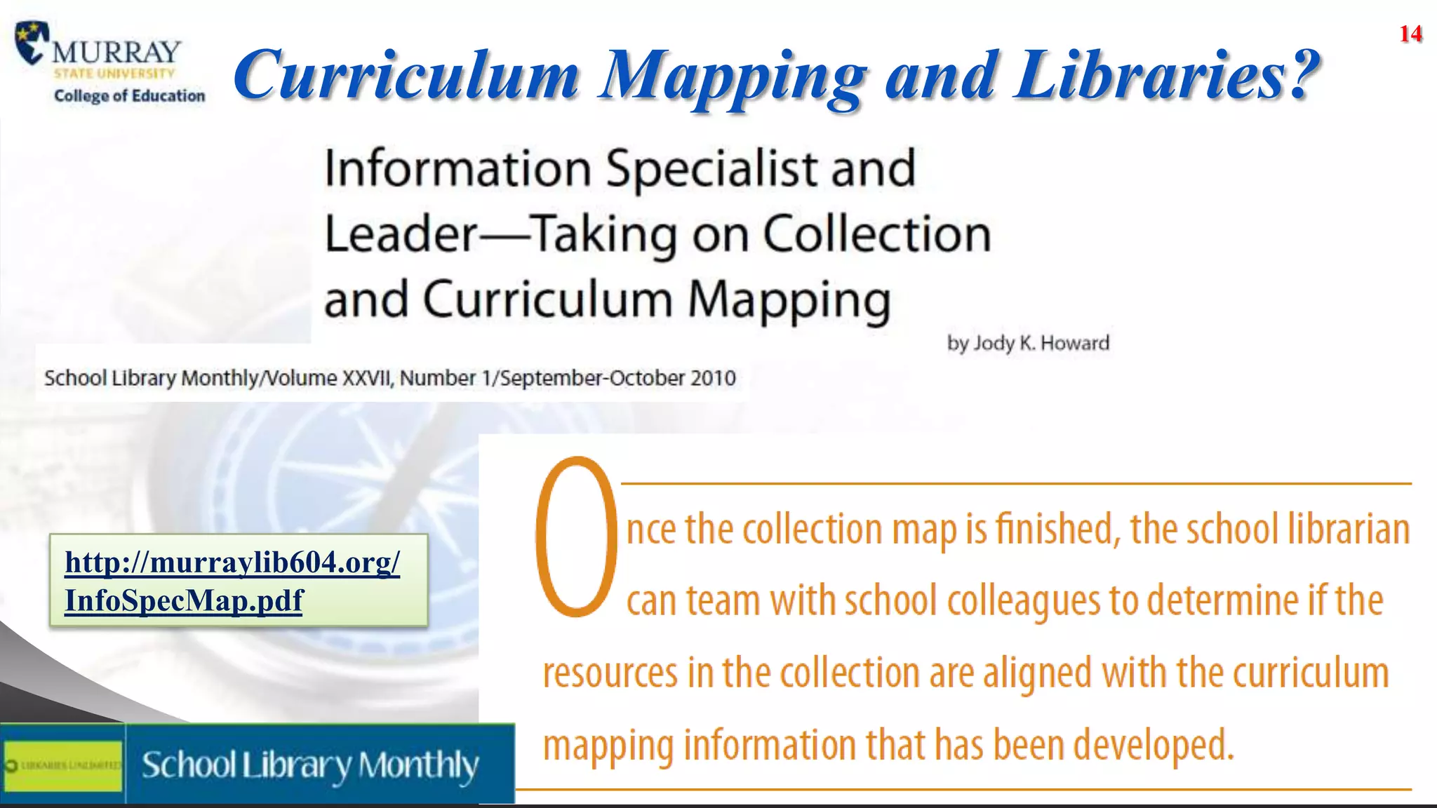 14

           Curriculum Mapping and Libraries?




http://murraylib604.org/
InfoSpecMap.pdf
 