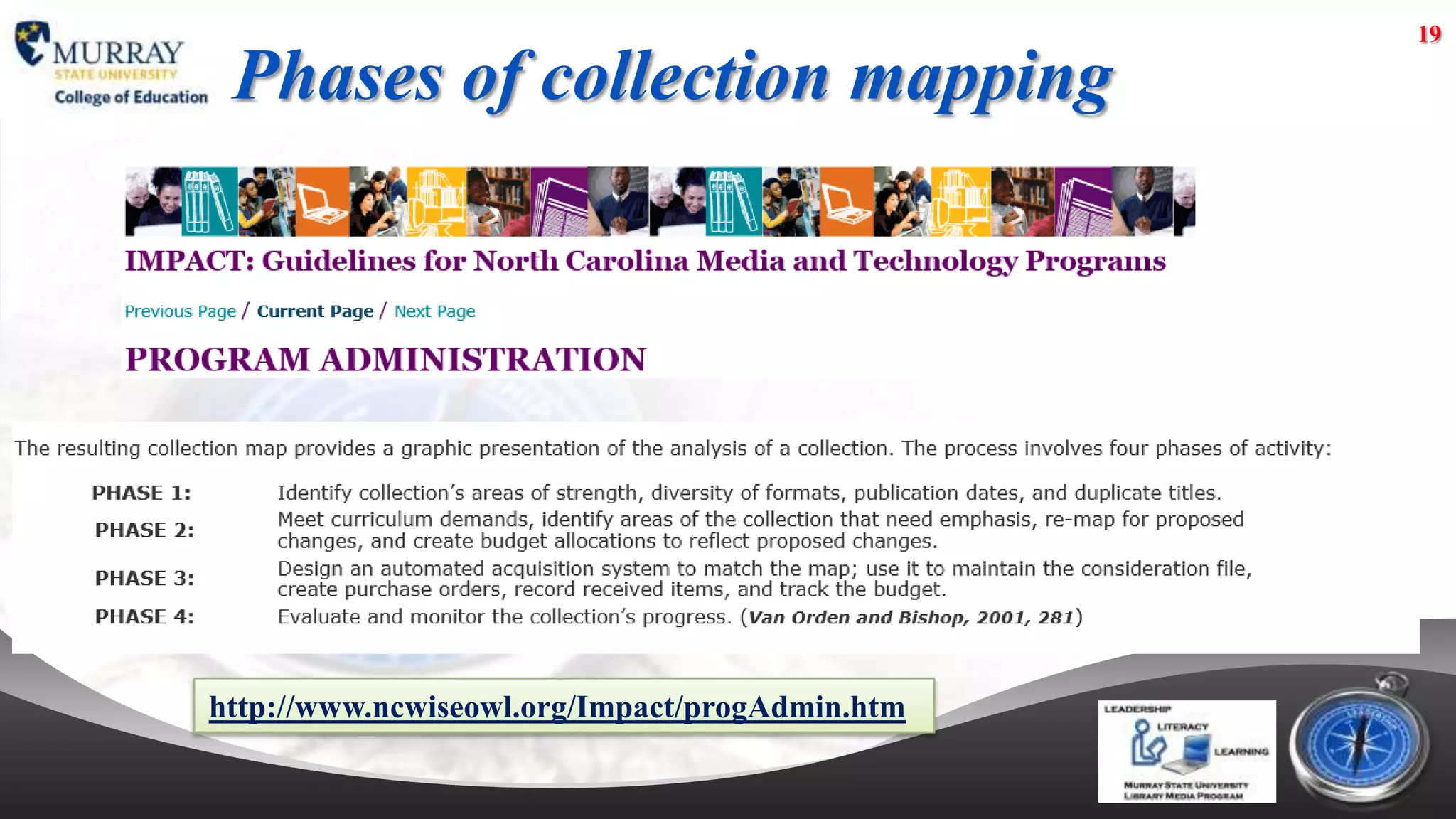 19

 Phases of collection mapping




http://www.ncwiseowl.org/Impact/progAdmin.htm
 