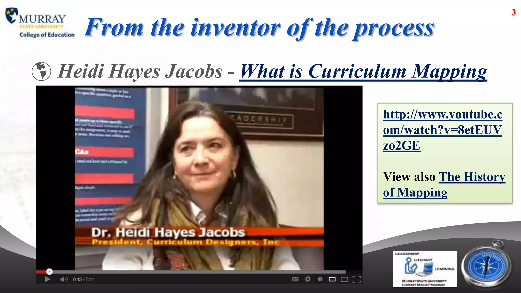 3

     From the inventor of the process
 Heidi Hayes Jacobs - What is Curriculum Mapping

                                     http://www.youtube.c
                                     om/watch?v=8etEUV
                                     zo2GE

                                     View also The History
                                     of Mapping
 