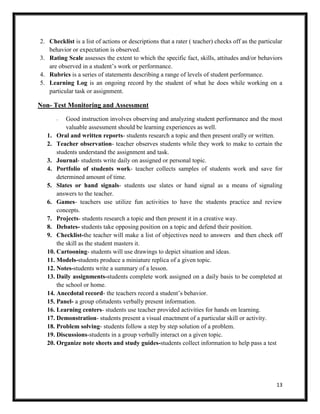 13
2. Checklist is a list of actions or descriptions that a rater ( teacher) checks off as the particular
behavior or expectation is observed.
3. Rating Scale assesses the extent to which the specific fact, skills, attitudes and/or behaviors
are observed in a student’s work or performance.
4. Rubrics is a series of statements describing a range of levels of student performance.
5. Learning Log is an ongoing record by the student of what he does while working on a
particular task or assignment.
Non- Test Monitoring and Assessment
- Good instruction involves observing and analyzing student performance and the most
valuable assessment should be learning experiences as well.
1. Oral and written reports- students research a topic and then present orally or written.
2. Teacher observation- teacher observes students while they work to make to certain the
students understand the assignment and task.
3. Journal- students write daily on assigned or personal topic.
4. Portfolio of students work- teacher collects samples of students work and save for
determined amount of time.
5. Slates or hand signals- students use slates or hand signal as a means of signaling
answers to the teacher.
6. Games- teachers use utilize fun activities to have the students practice and review
concepts.
7. Projects- students research a topic and then present it in a creative way.
8. Debates- students take opposing position on a topic and defend their position.
9. Checklist-the teacher will make a list of objectives need to answers and then check off
the skill as the student masters it.
10. Cartooning- students will use drawings to depict situation and ideas.
11. Models-students produce a miniature replica of a given topic.
12. Notes-students write a summary of a lesson.
13. Daily assignments-students complete work assigned on a daily basis to be completed at
the school or home.
14. Anecdotal record- the teachers record a student’s behavior.
15. Panel- a group ofstudents verbally present information.
16. Learning centers- students use teacher provided activities for hands on learning.
17. Demonstration- students present a visual enactment of a particular skill or activity.
18. Problem solving- students follow a step by step solution of a problem.
19. Discussions-students in a group verbally interact on a given topic.
20. Organize note sheets and study guides-students collect information to help pass a test
 