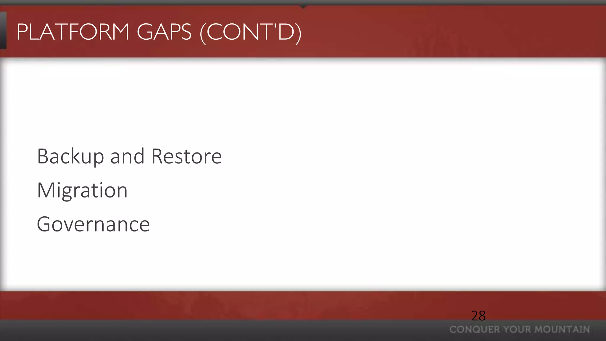 PLATFORM GAPS (CONT’D)




 Backup and Restore
 Migration
 Governance


                         28
 