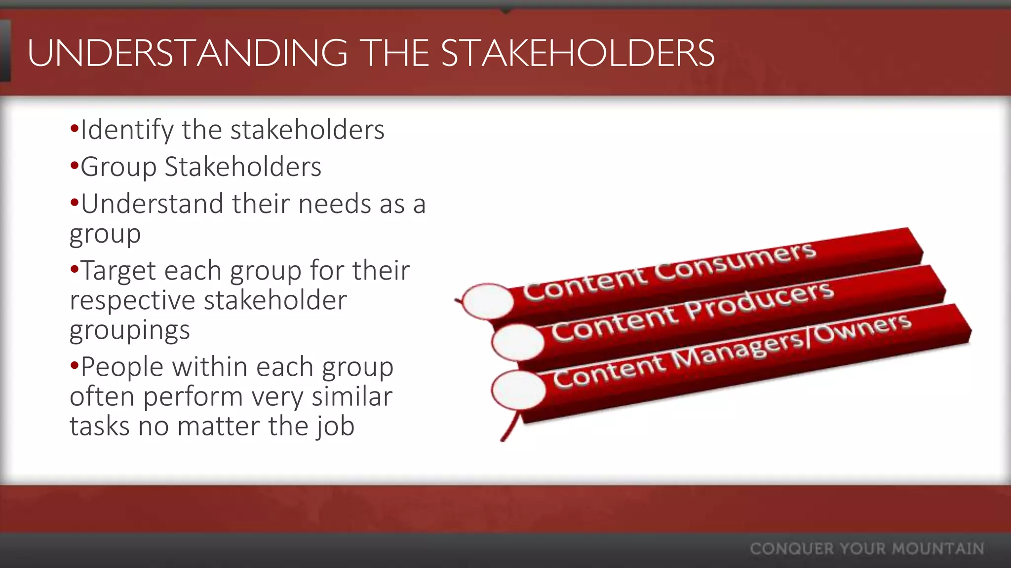 UNDERSTANDING THE STAKEHOLDERS
 •Identify the stakeholders
 •Group Stakeholders
 •Understand their needs as a
 group
 •Target each group for their
 respective stakeholder
 groupings
 •People within each group
 often perform very similar
 tasks no matter the job
 