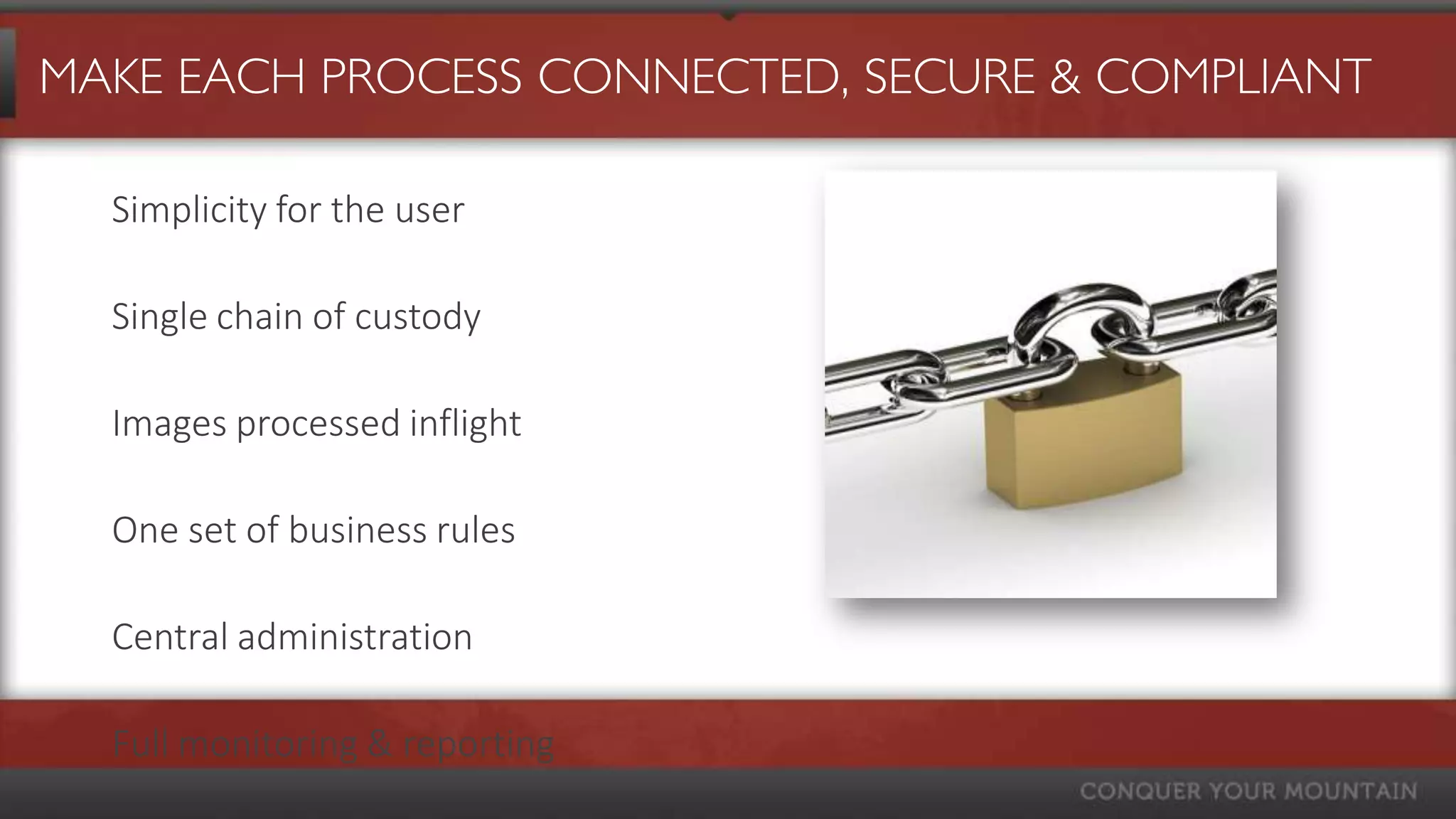 MAKE EACH PROCESS CONNECTED, SECURE & COMPLIANT

  Simplicity for the user

  Single chain of custody

  Images processed inflight

  One set of business rules

  Central administration

  Full monitoring & reporting
 