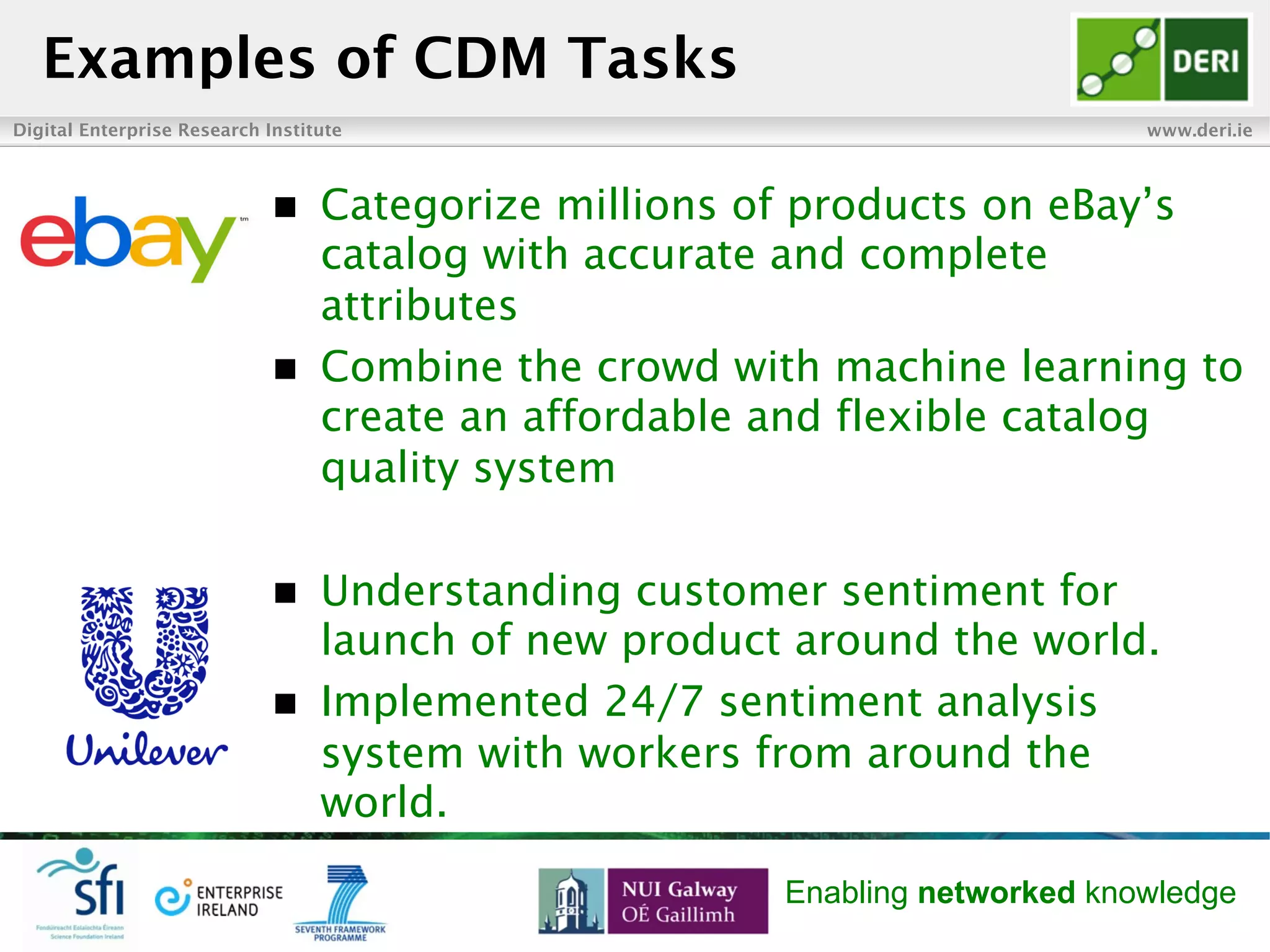 Digital Enterprise Research Institute www.deri.ie
Enabling networked knowledge
Examples of CDM Tasks
n  Understanding customer sentiment for
launch of new product around the world.
n  Implemented 24/7 sentiment analysis
system with workers from around the
world.
n  Categorize millions of products on eBay’s
catalog with accurate and complete
attributes
n  Combine the crowd with machine learning to
create an affordable and flexible catalog
quality system
 