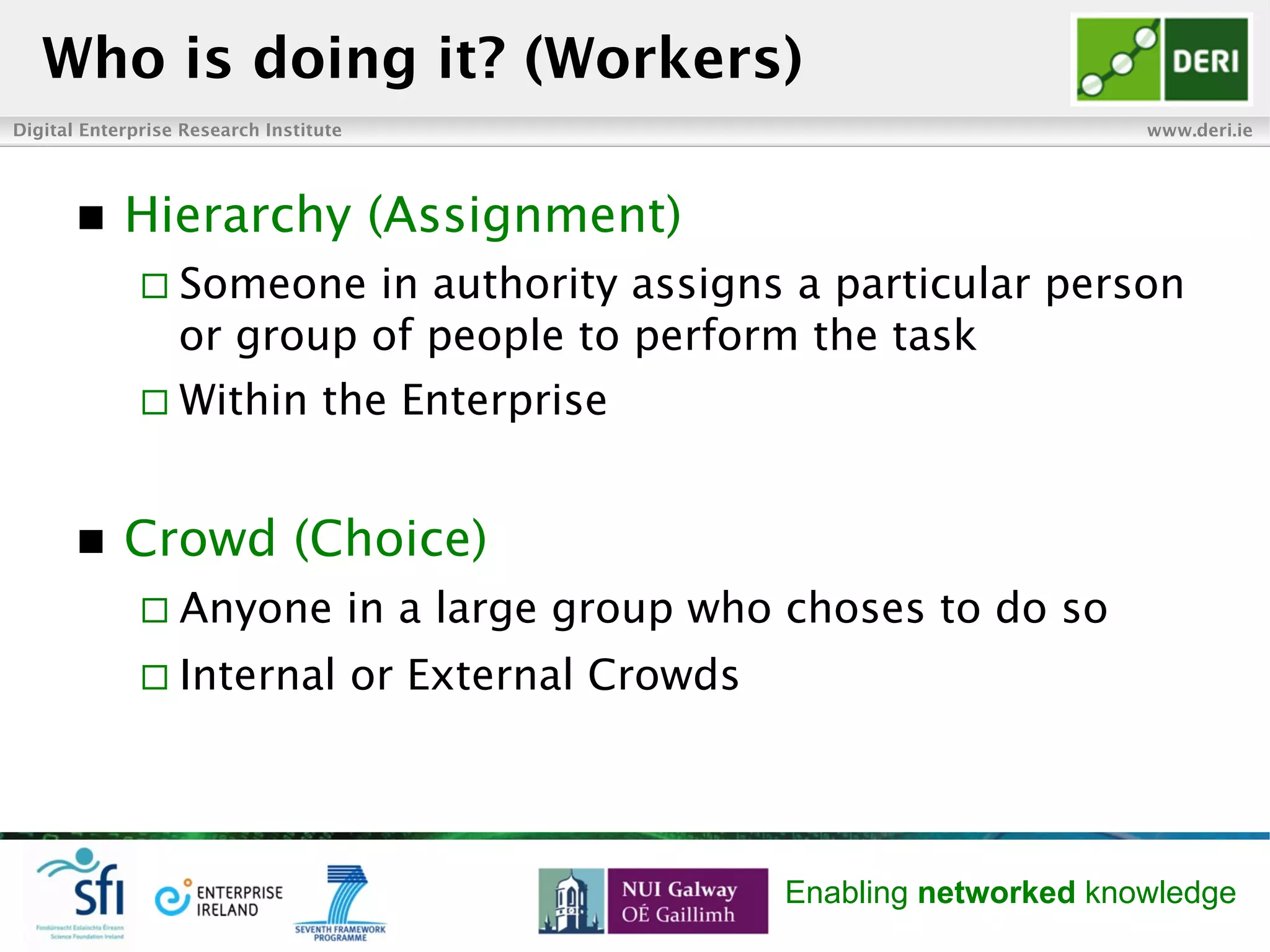 Digital Enterprise Research Institute www.deri.ie
Enabling networked knowledge
n  Hierarchy (Assignment)
¨ Someone in authority assigns a particular person
or group of people to perform the task
¨ Within the Enterprise
n  Crowd (Choice)
¨ Anyone in a large group who choses to do so
¨ Internal or External Crowds
Who is doing it? (Workers)
 