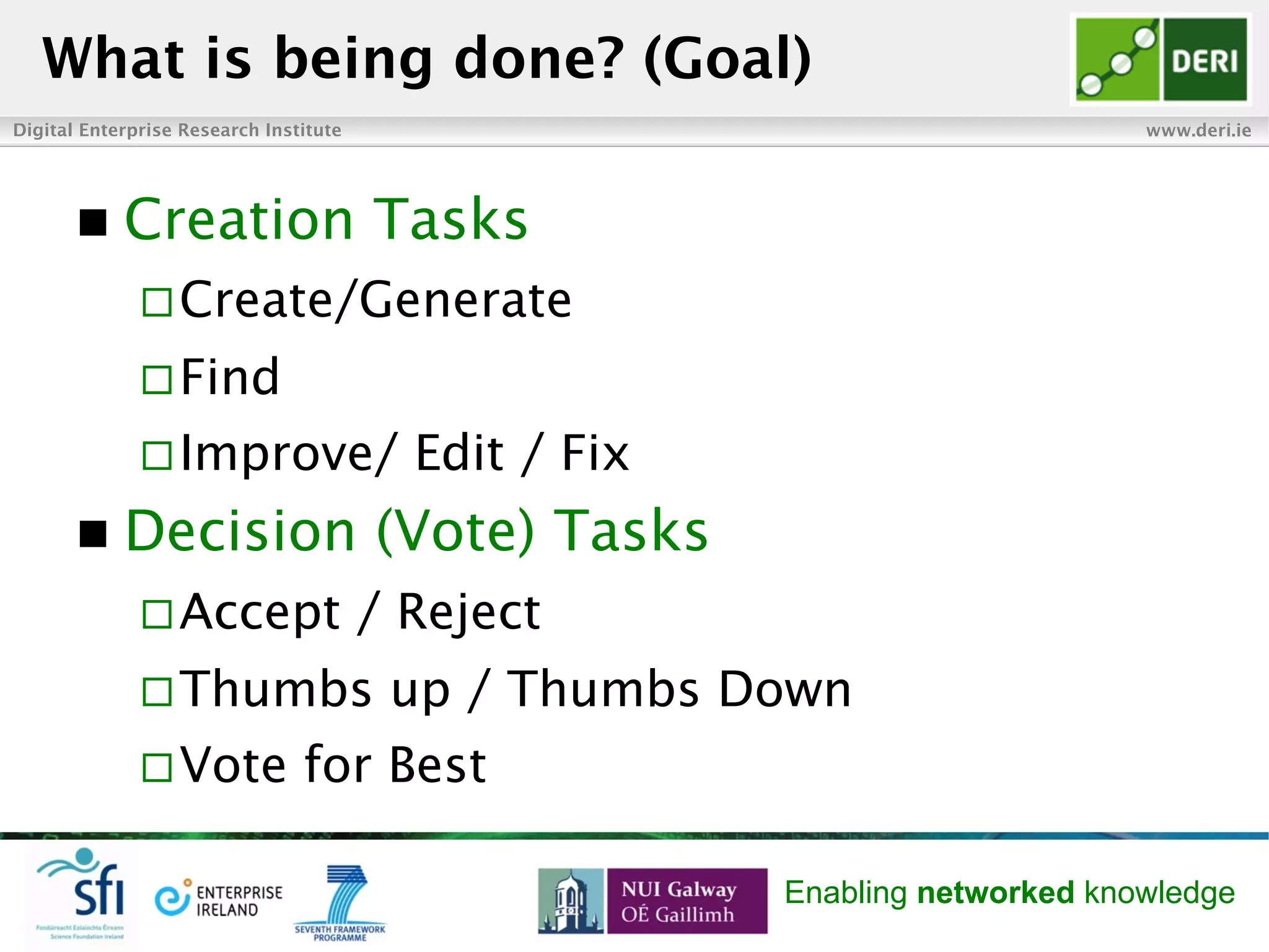 Digital Enterprise Research Institute www.deri.ie
Enabling networked knowledge
n  Creation Tasks
¨ Create/Generate
¨ Find
¨ Improve/ Edit / Fix
n  Decision (Vote) Tasks
¨ Accept / Reject
¨ Thumbs up / Thumbs Down
¨ Vote for Best
What is being done? (Goal)
 