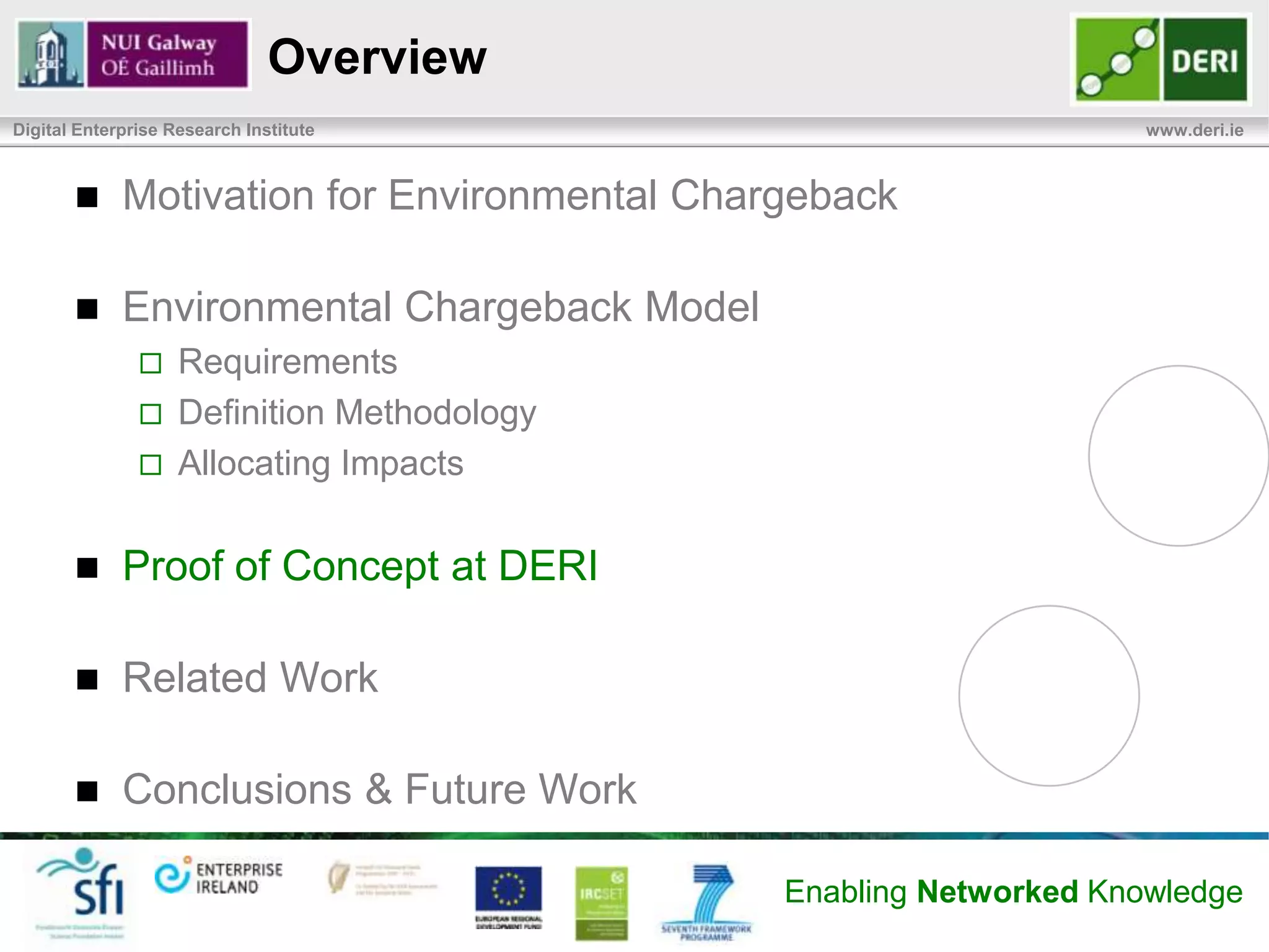 Allocating Impacts
Digital Enterprise Research Institute                                                                   www.deri.ie




                                 Environmental     CO2 intensity
                                 Data Collection



                                   DC Resource     kWh           Chargeback CO2/atomic unit
                                                                                              Billing
                                    Utilization                    Model



                                         Service
                                        Workload   atomic unit




                                                                                  Enabling Networked Knowledge
 