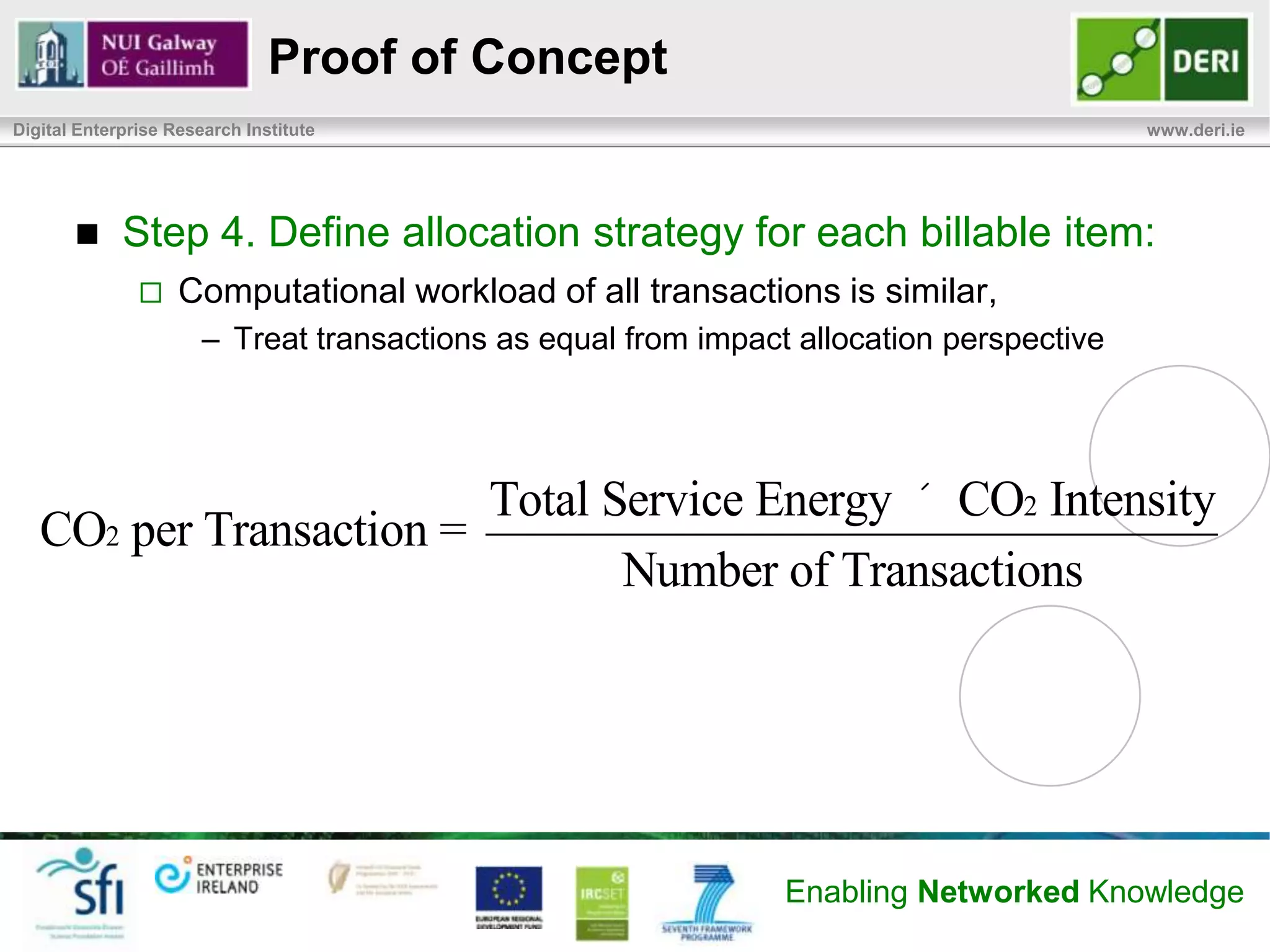 Proof of Concept
Digital Enterprise Research Institute                                            www.deri.ie



            Developed a proof of concept
                   Instantiation has been realized in the DERI data center


            Steps 1-3
                   Service: Transaction-based data service
                   System boundary: carbon dioxide from power generation
                   Units: CO2 (gCO2), kilowatts (kW) and kilowatt-hours (kWh)
                   Billable Service Items: User accounts
                   Atomic Service Units: Single data transactions
                   Environmental Impacts: 27 servers, power supplied is mixture
                    of fossil fuel & renewable sources (variable CO2)


                                                           Enabling Networked Knowledge
 