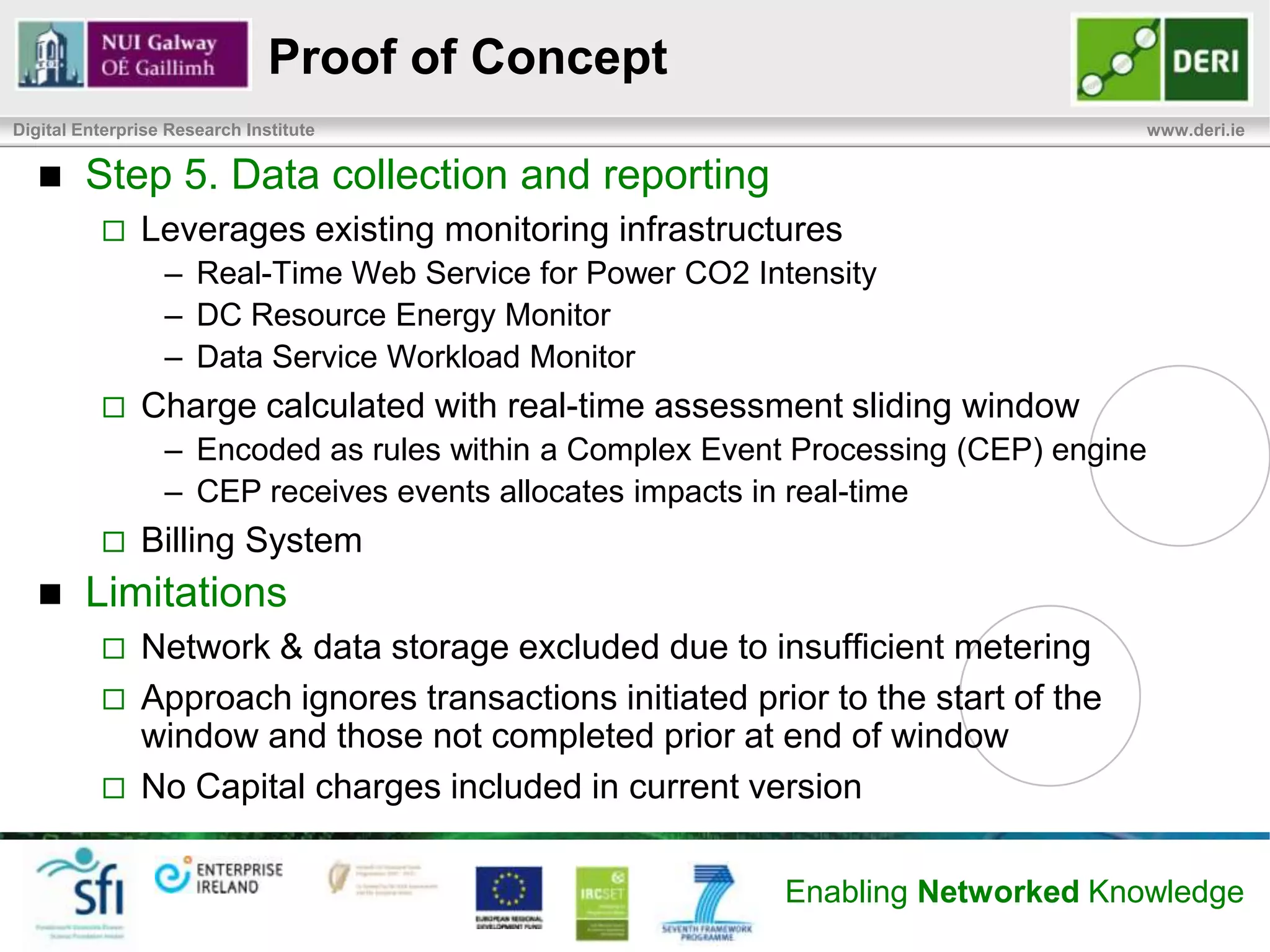Proof of Concept
Digital Enterprise Research Institute                                                     www.deri.ie




            Step 4. Define allocation strategy for each billable item:
                   Computational workload of all transactions is similar,
                       – Treat transactions as equal from impact allocation perspective




                         Total Service Energy ´ CO2 Intensity
   CO2 per Transaction =
                                Number of Transactions




                                                                Enabling Networked Knowledge
 